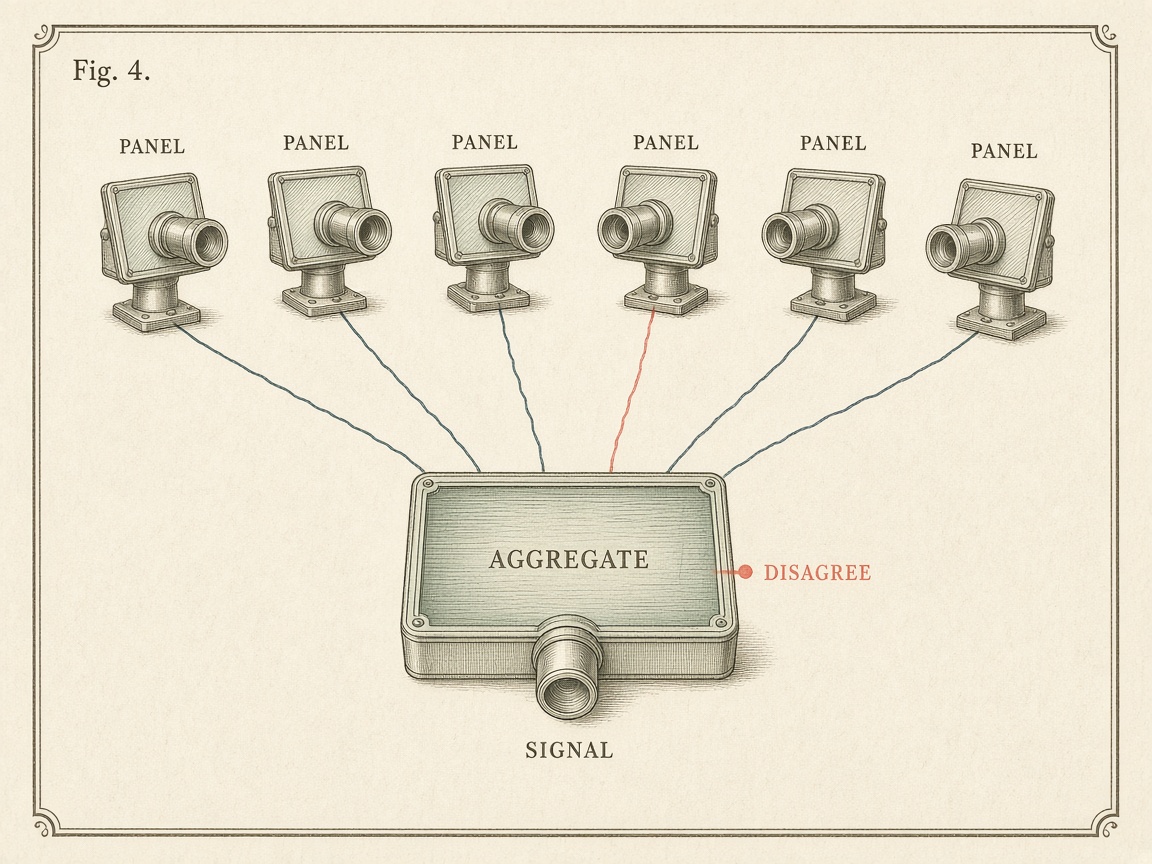 Figure 4. Independent panelists. One aggregator. Disagreement is a signal.